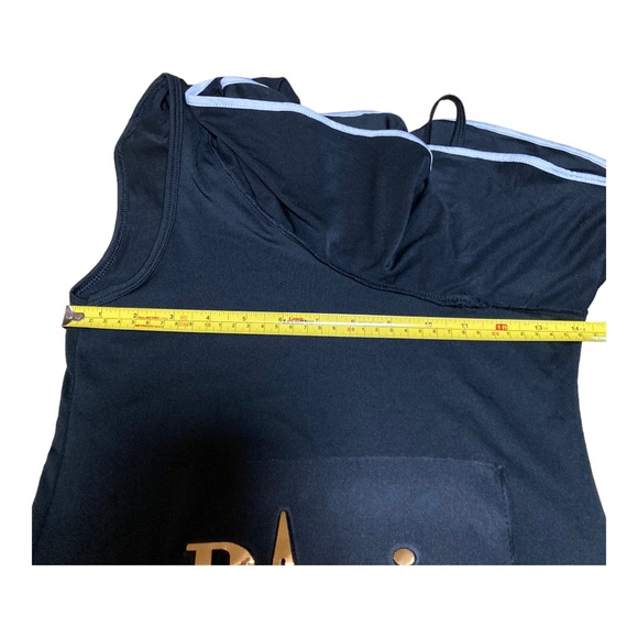 Uni shoulder ruffle detail mini dress embellished with puffy gold “PARIS”. - Picture 7 of 7